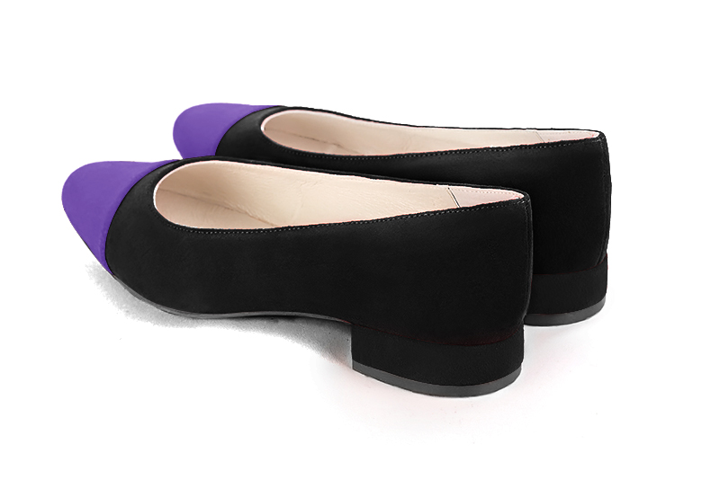 Violet purple and matt black women's ballet pumps, with low heels. Round toe. Flat block heels. Rear view - Florence KOOIJMAN